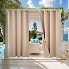 Thermal outdoor curtains designed for insulation and weather protection.